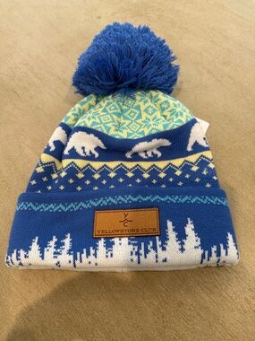 Yellowstone Club Kids Blue Pom-Pom Beanie with Polar Bear Motif